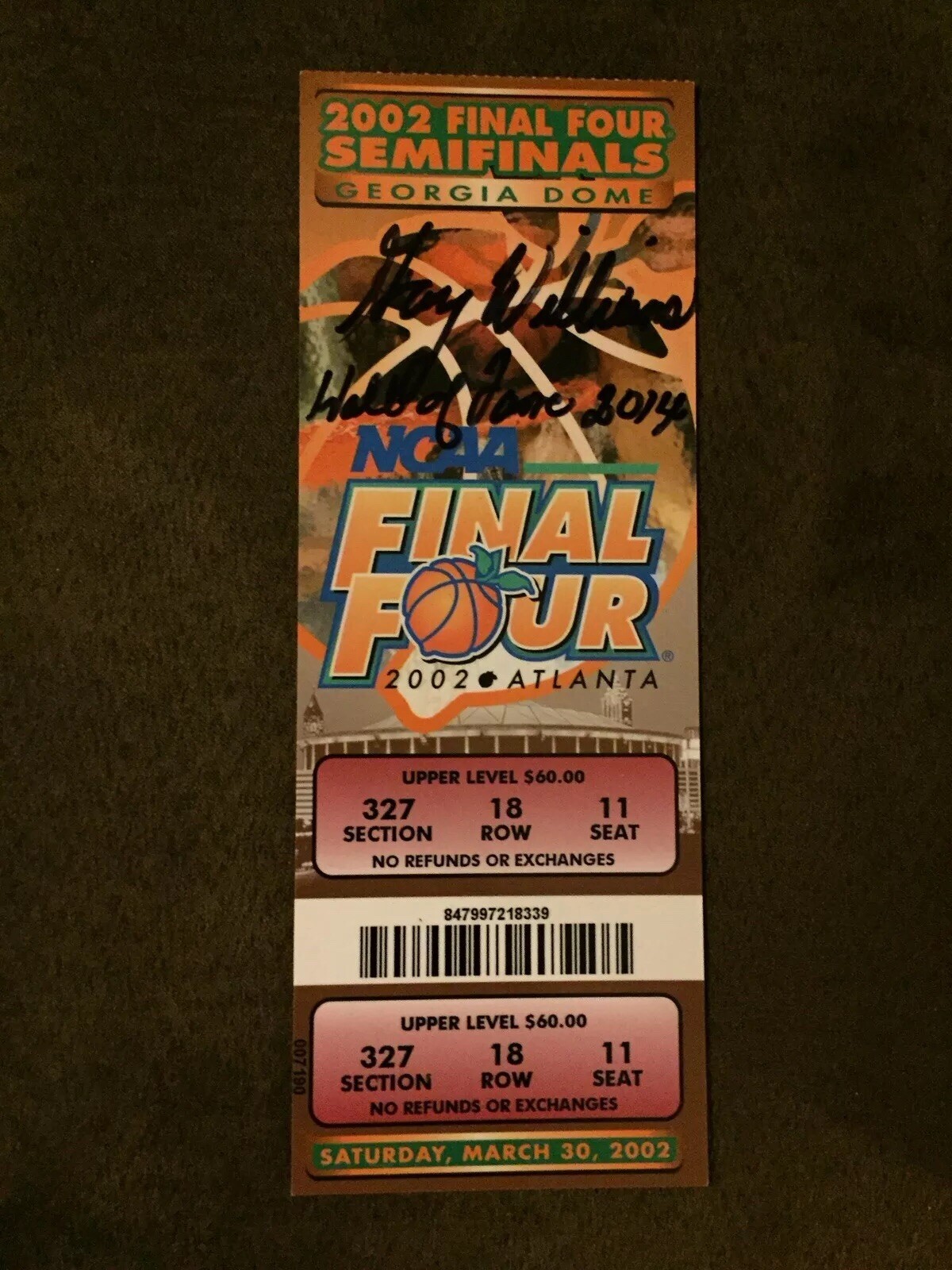 Gary Williams Signed 2002 Championship Game Ticket NCAA Final Four 4 Maryland
