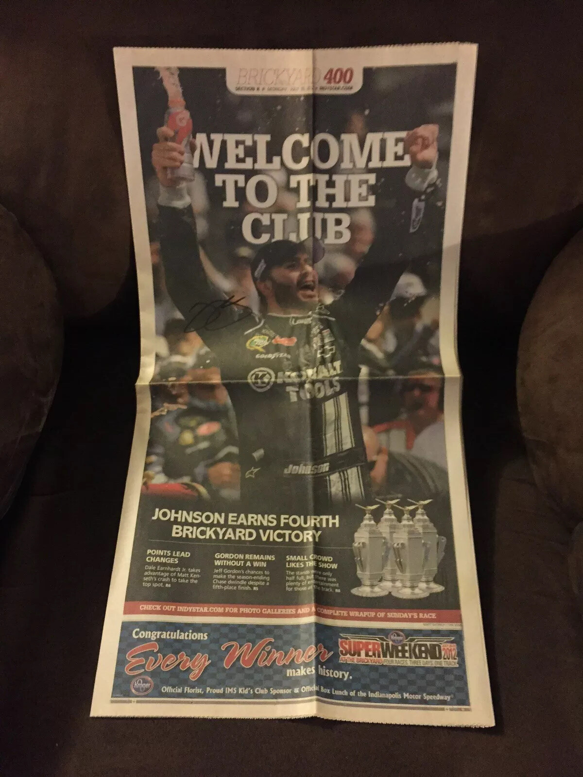 Jimmie Johnson Signed Newspaper Indianapolis Star Brickyard 400 Autographed
