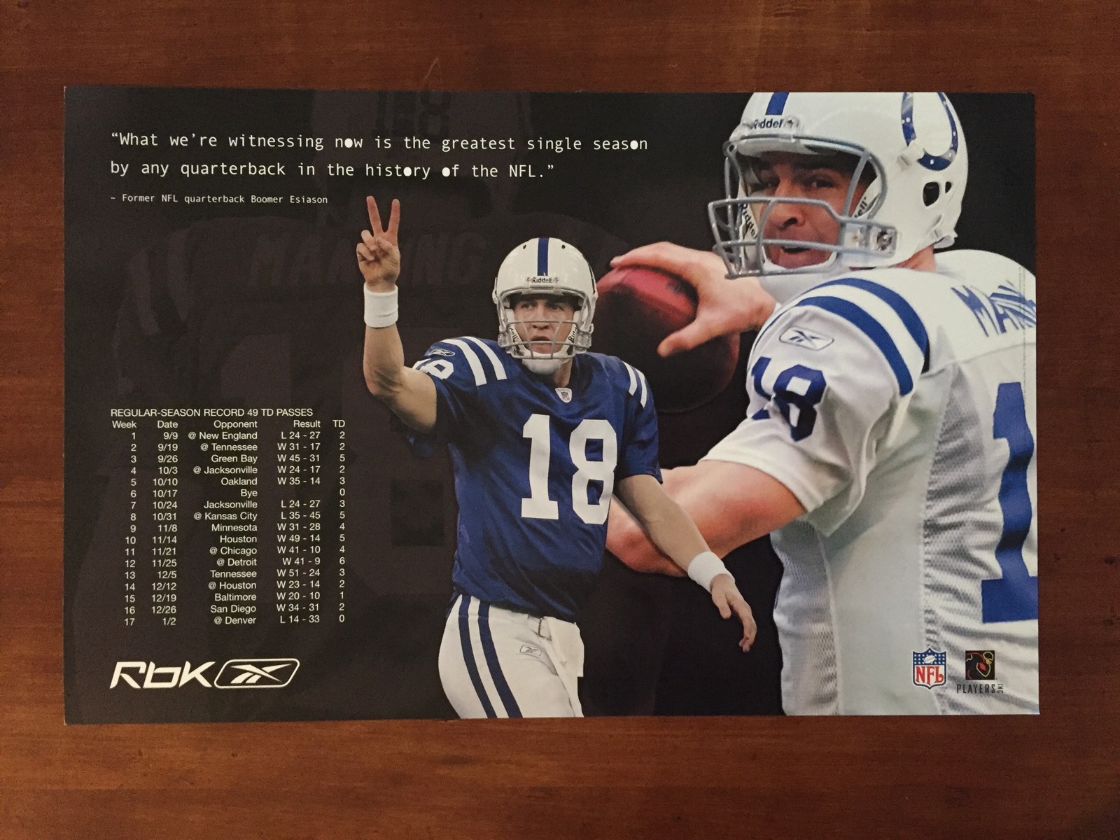 Peyton Manning Indianapolis Colts Reebok Poster 2005 Denver Broncos Tenn Vols
