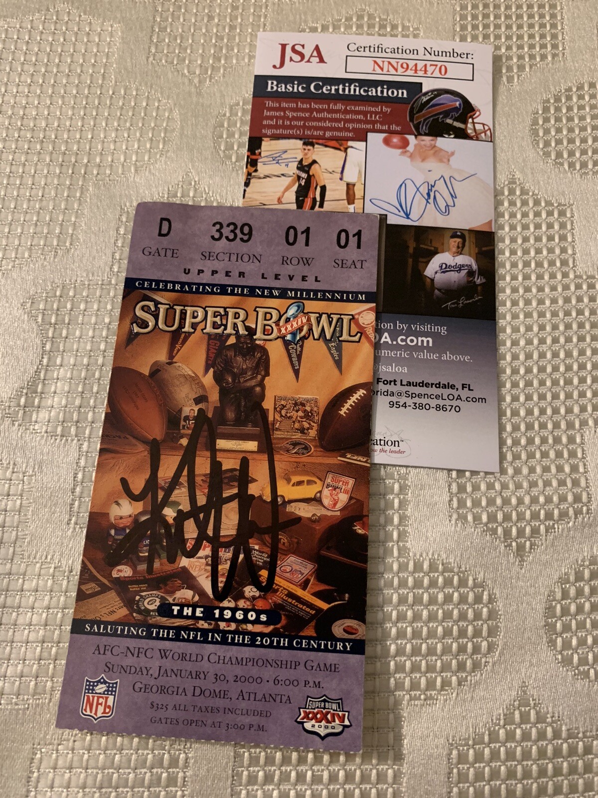 Kurt Warner Signed 2000 Super Bowl Game Ticket XXXIV JSA Authentication COA MVP
