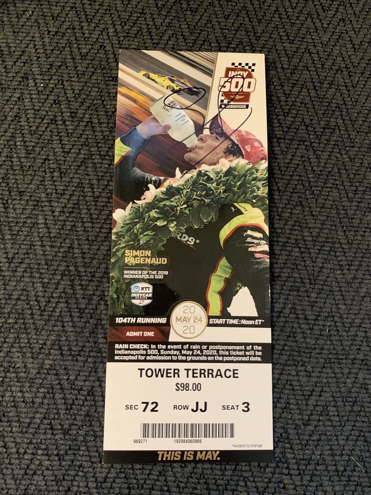 2020 Indy 500 Simon Pagenaud Signed Ticket (2019 Indy Winner) May Version
