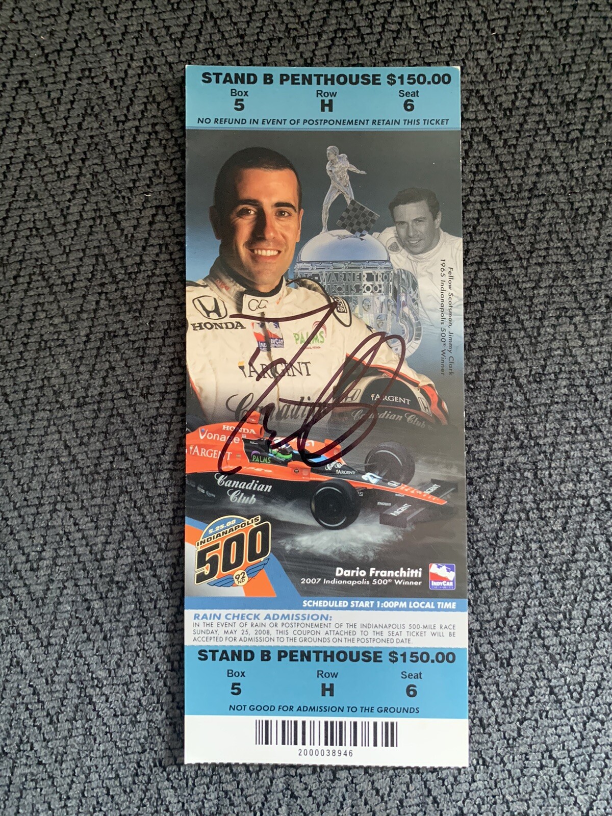 Dario Franchitti (2007 Winner) Signed Indianapolis Indy 500 Ticket 2008 Race
