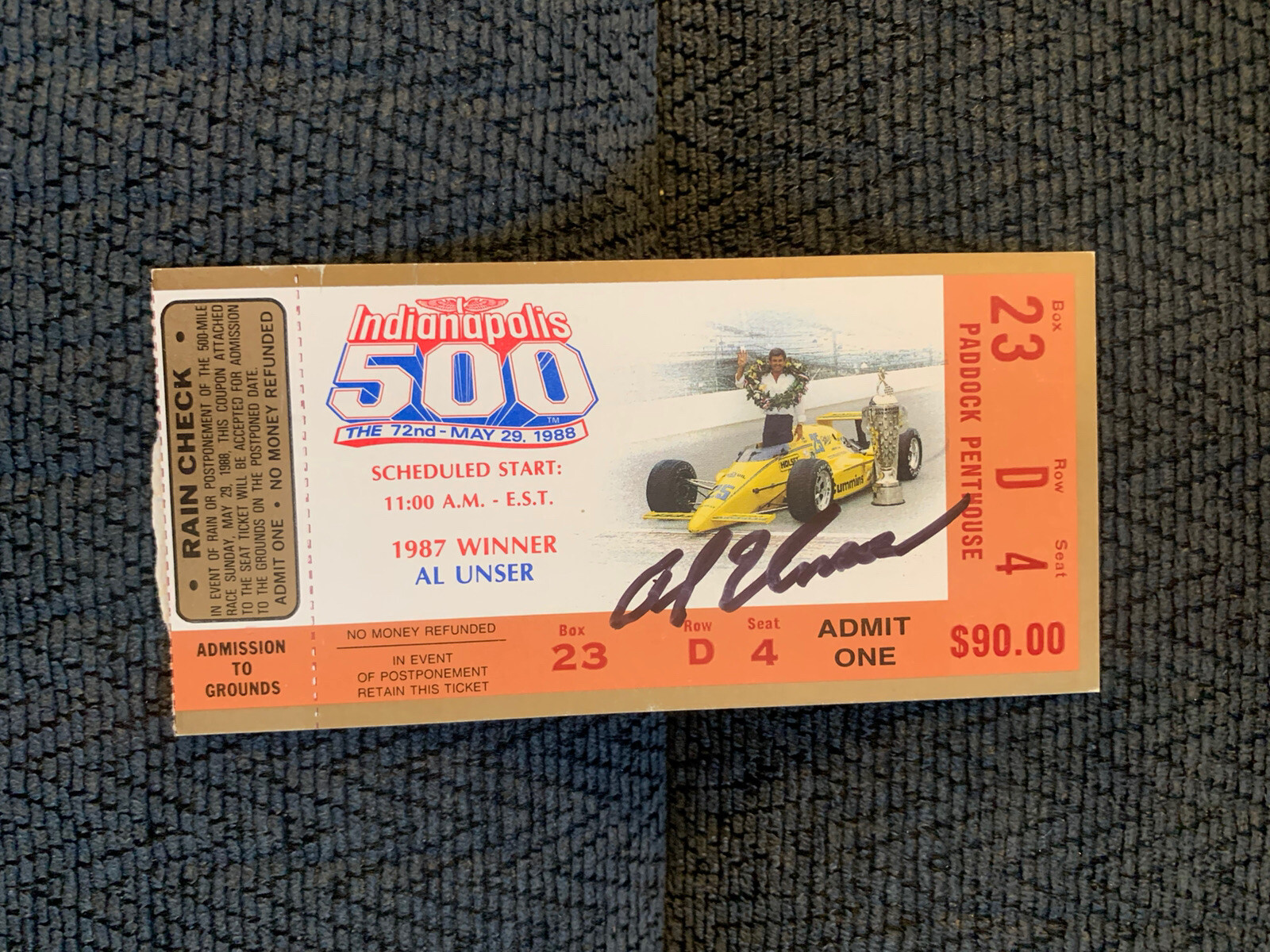 Al Unser (1987 Winner) Signed Indianapolis Indy 500 Ticket 1988 Race Autographed
