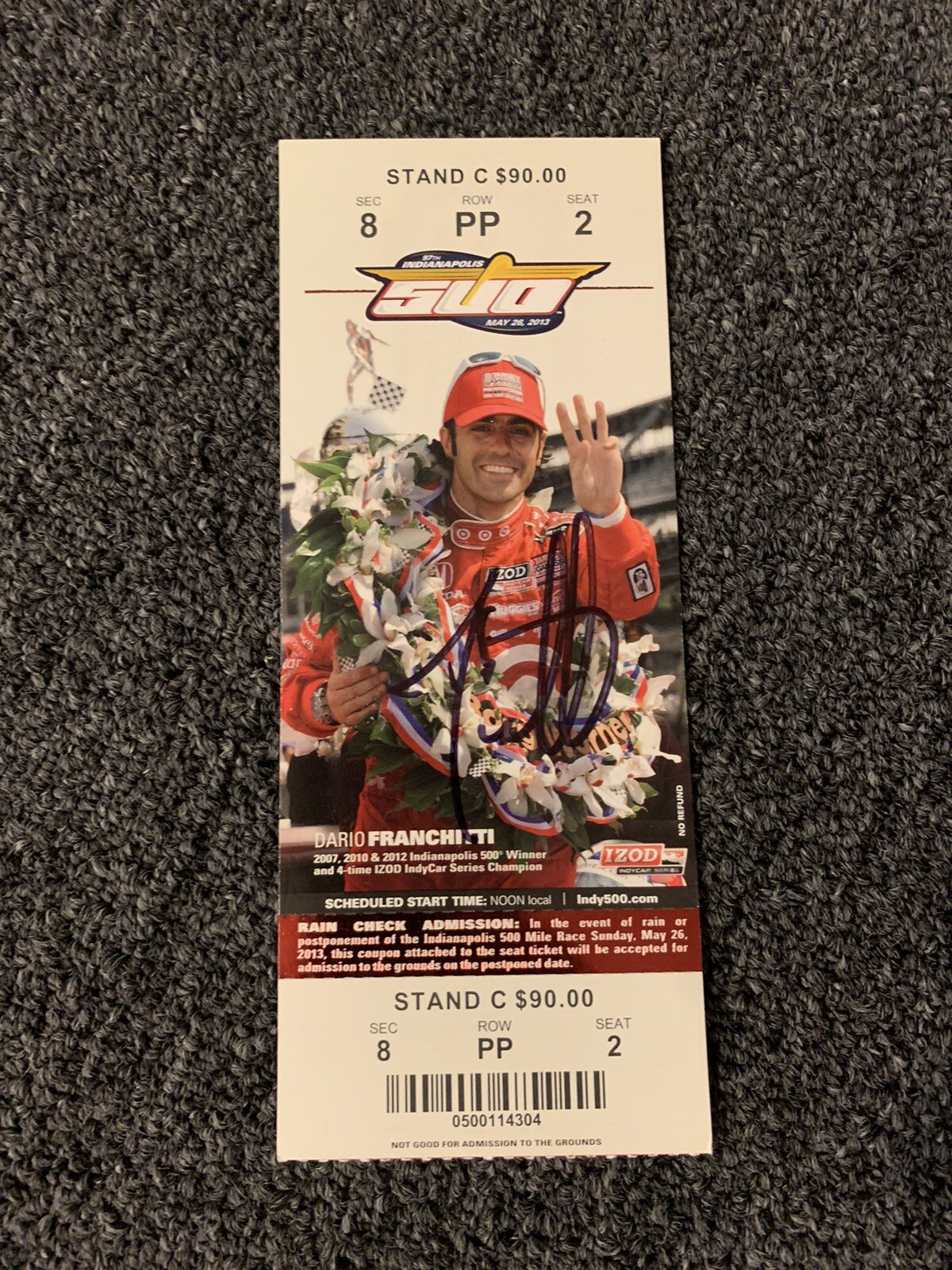 Dario Franchitti (2012 Winner) Signed Indianapolis Indy 500 Ticket 2013 Race
