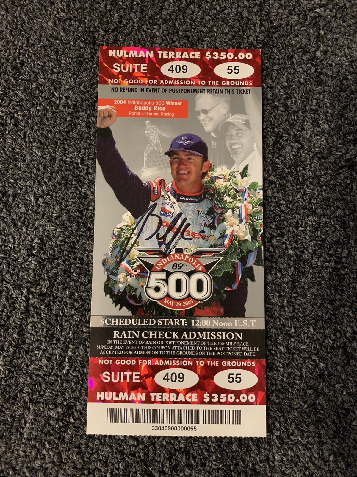 2005 Indy 500 Signed Ticket Stub Indianapolis 2004 Buddy Rice Winner
