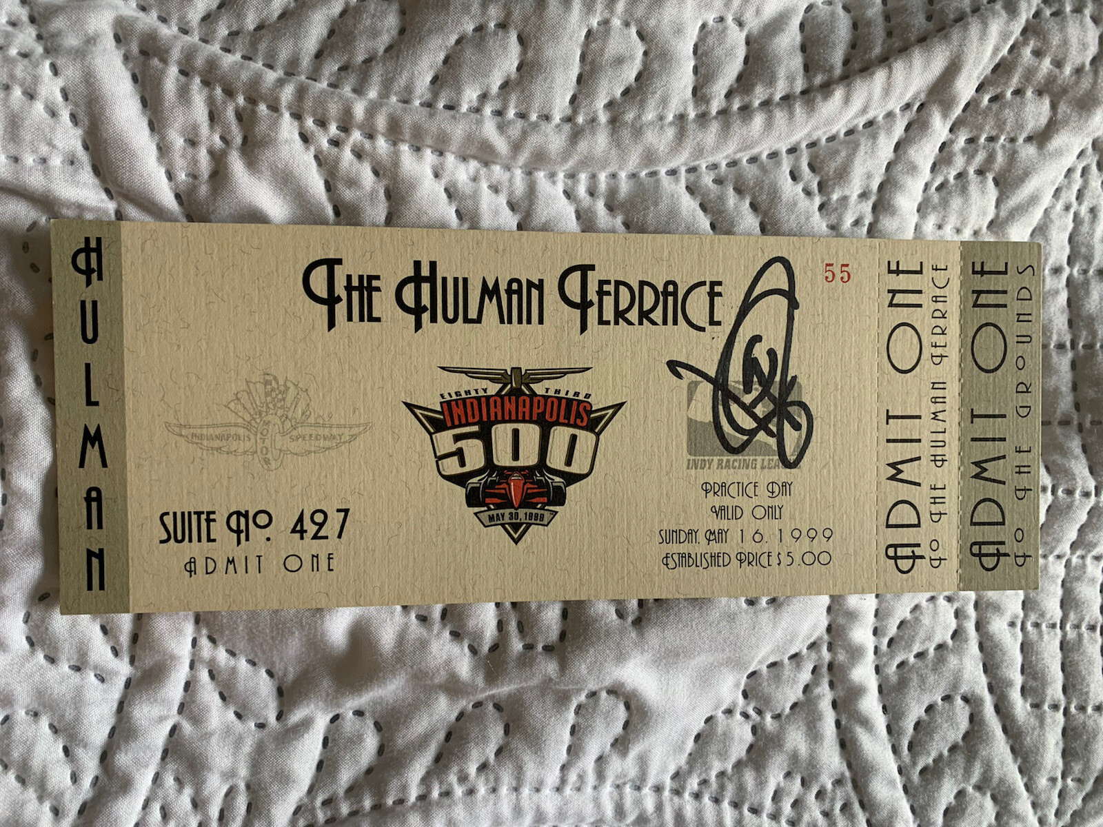 Kenny Brack 1999 Winner Signed Indianapolis Indy 500 Practice Ticket Hulman Sts
