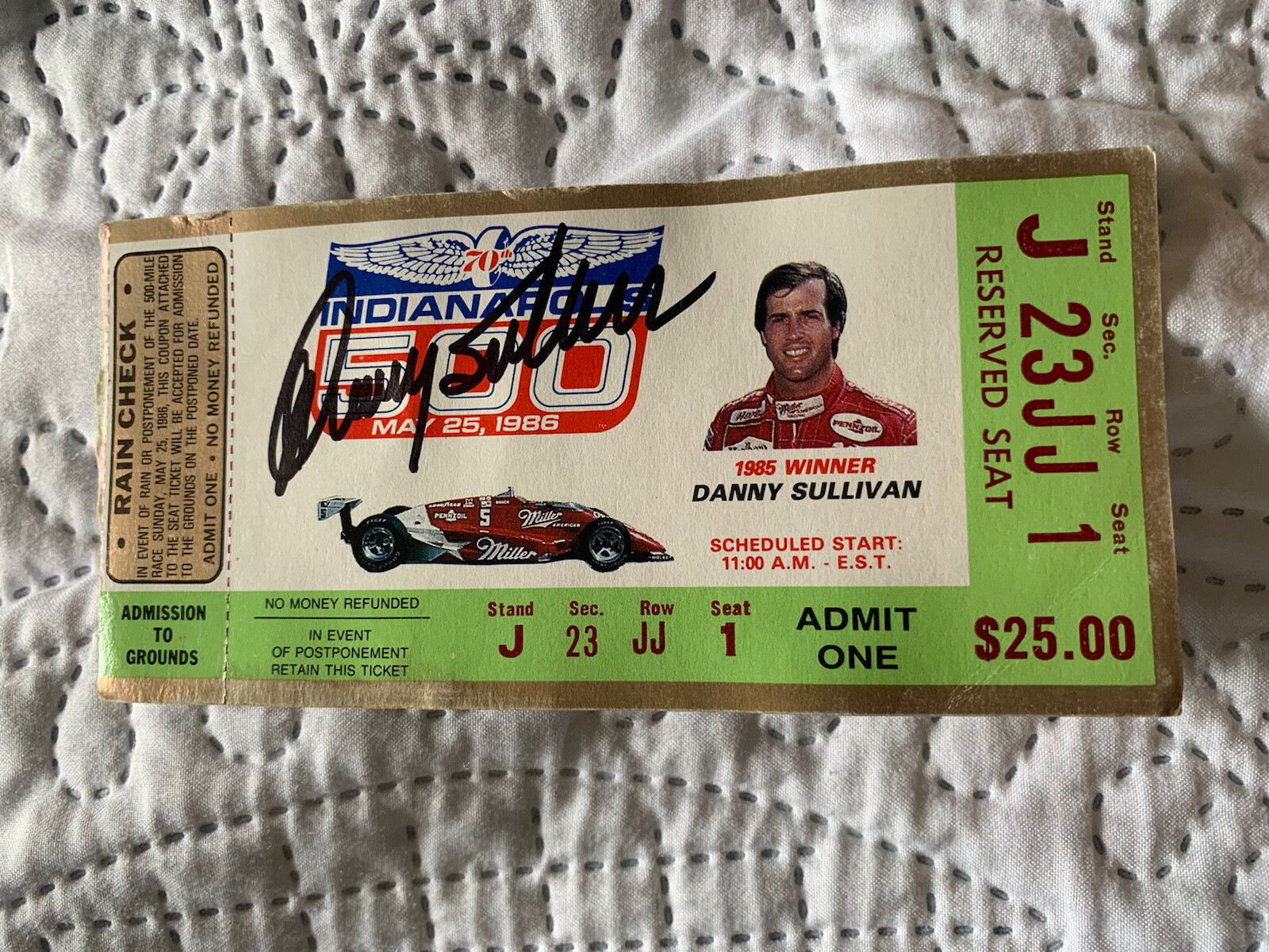 1986 Indy 500 Danny Sullivan Signed Ticket Stub (1985 Indy Race Winner)
