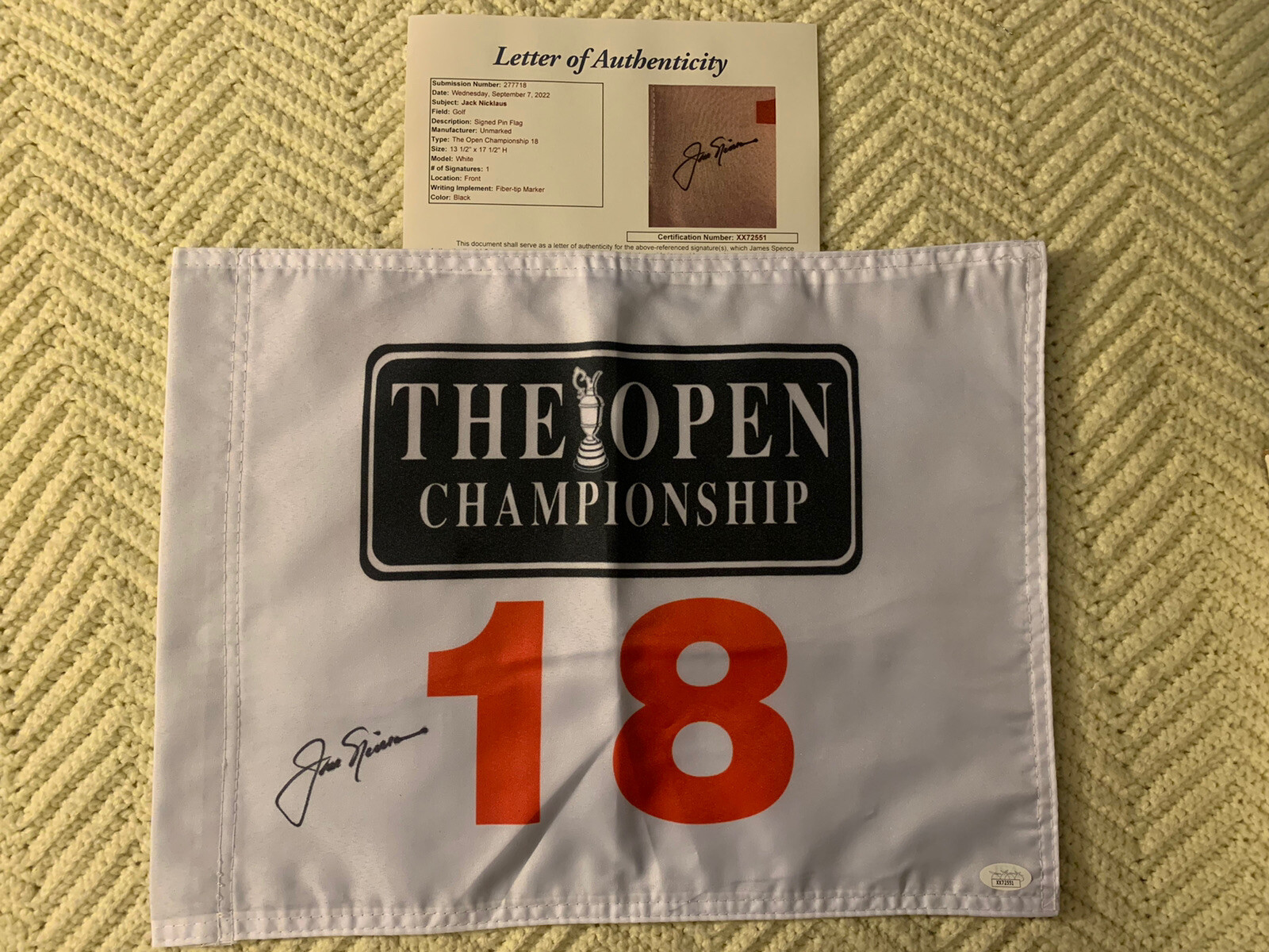 Jack Nicklaus SIGNED The British Open Golf Flag JSA Authenticated LOA COA
