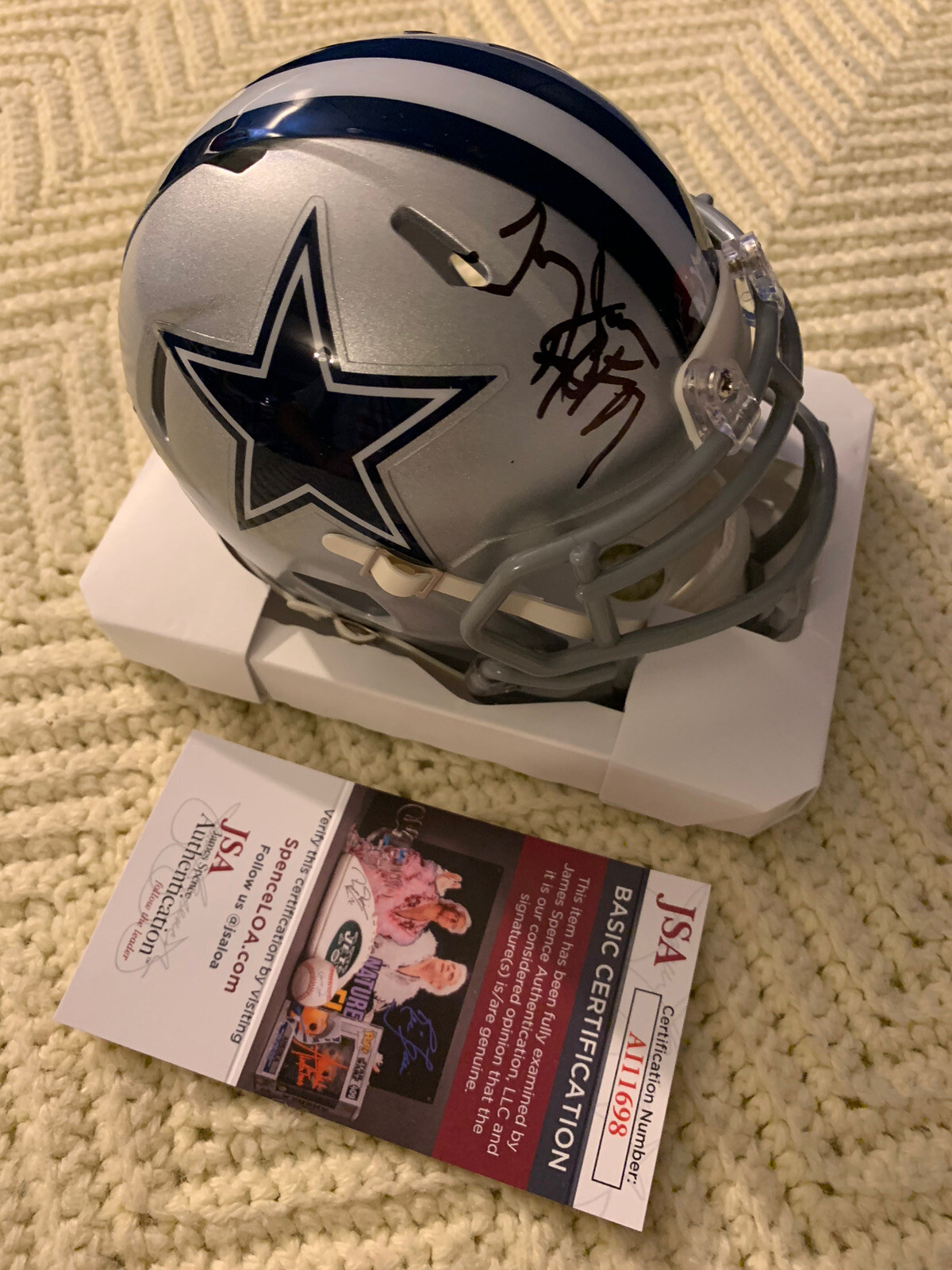 Jerry Jones Signed Dallas Cowboys Mini Helmet JSA Authentication COA Stats
