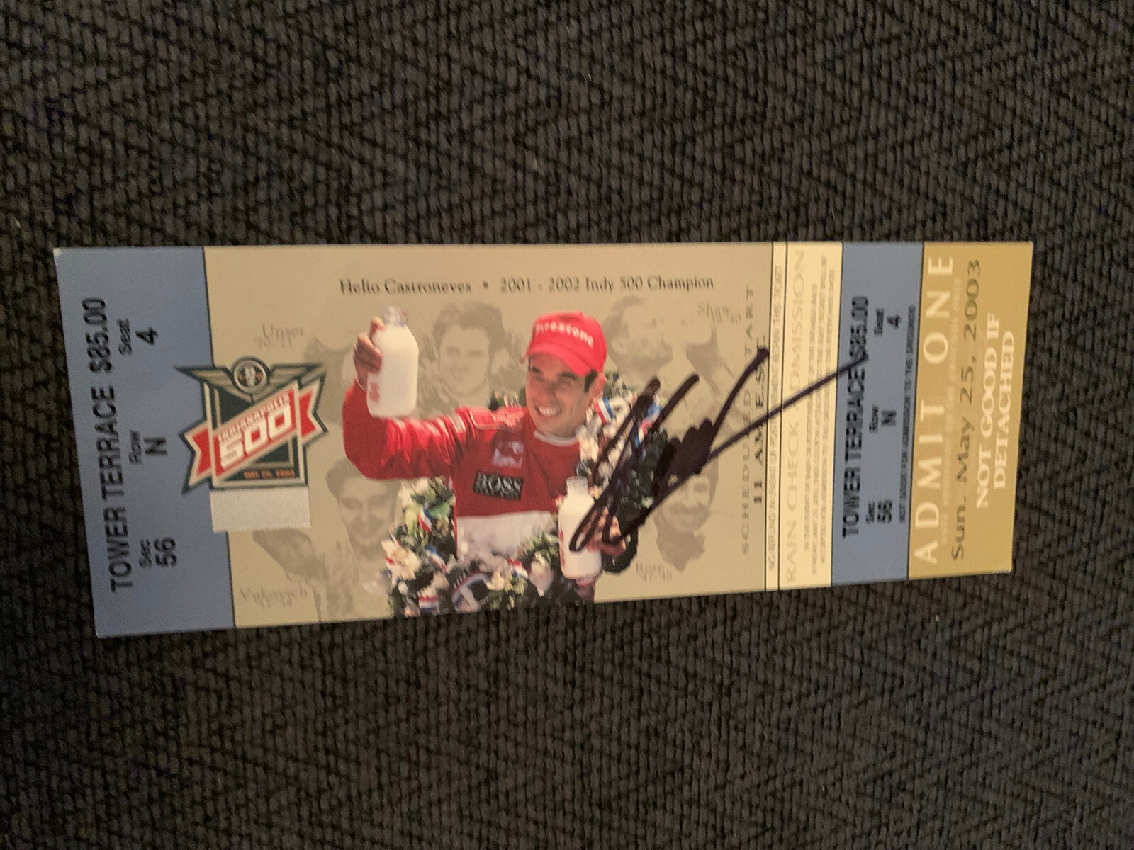 Helio Castroneves (2002 Winner) Signed Indianapolis Indy 500 Ticket 2003 Race
