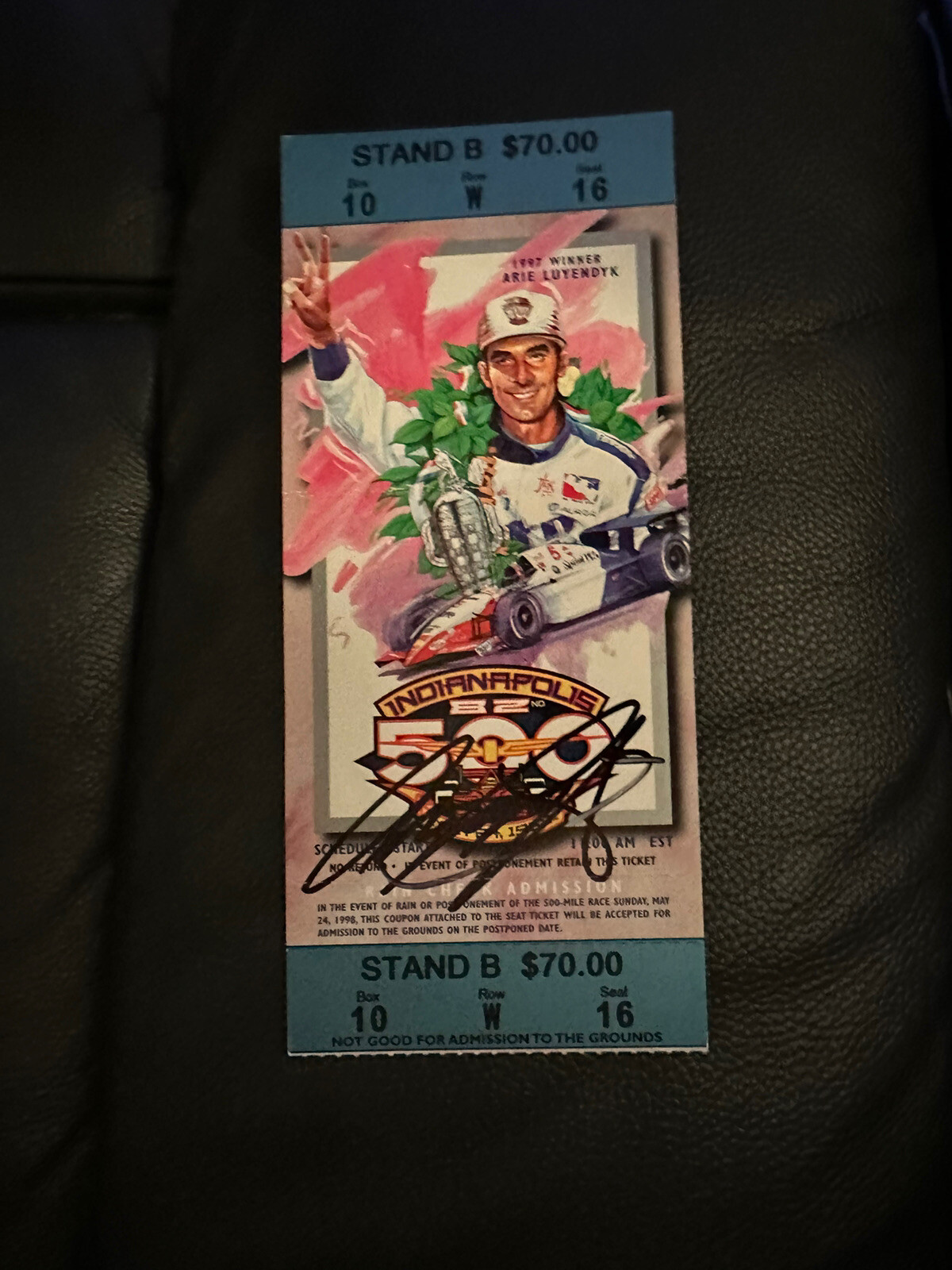 Arie Luyendyk (1997 Winner) Signed Indianapolis Indy 500 Ticket 1998 Race Crease
