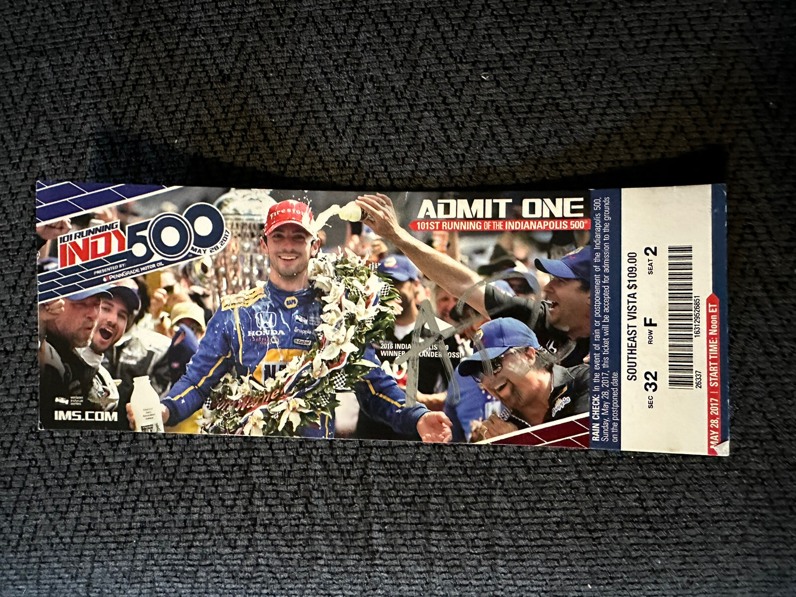 2016 Indy 500 Win Alexander Rossi Signed 2017 Race Ticket Indianapolis Autograph
