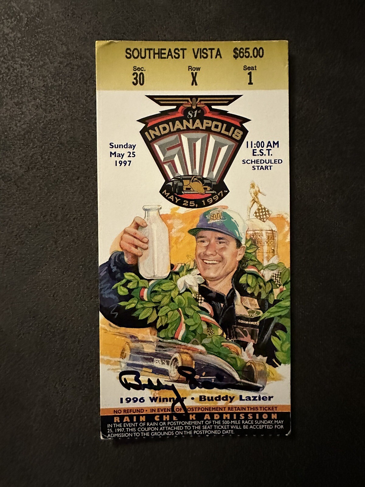 Buddy Lazier 1996 Winner Signed Indianapolis Indy 500 Ticket 1997 Race Auto
