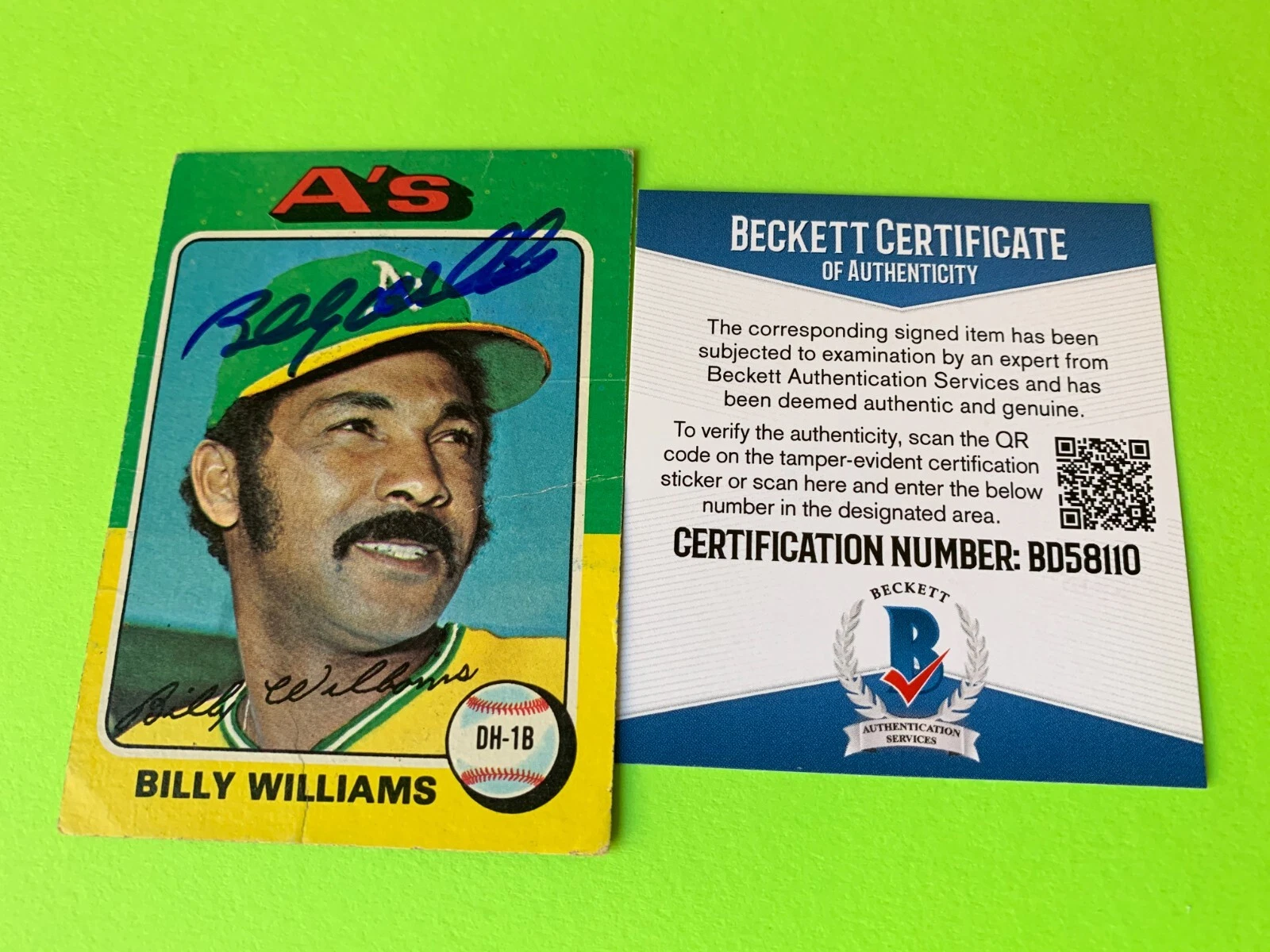 Billy Williams Oakland A's 1975 Topps Card Signed Auto BAS COA
