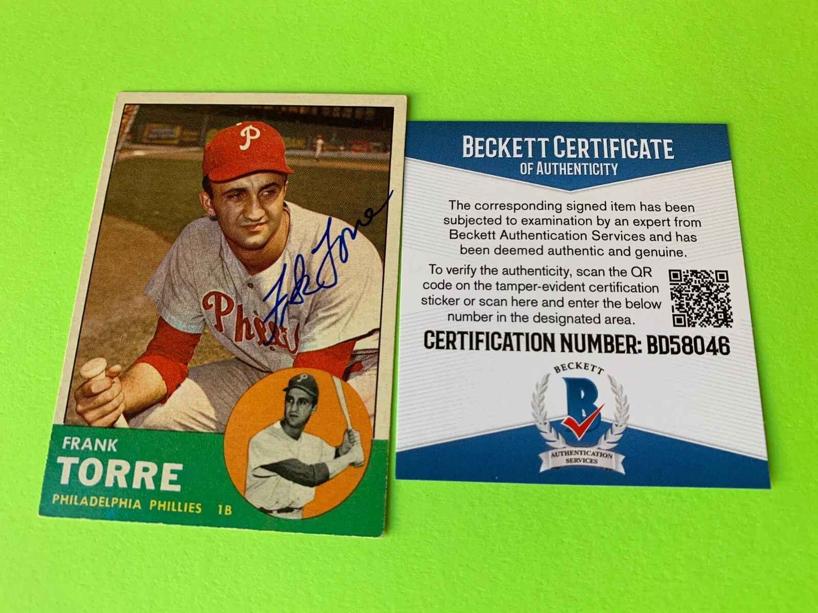Frank Torre Phillies 1963 Topps Card Signed Auto BAS COA
