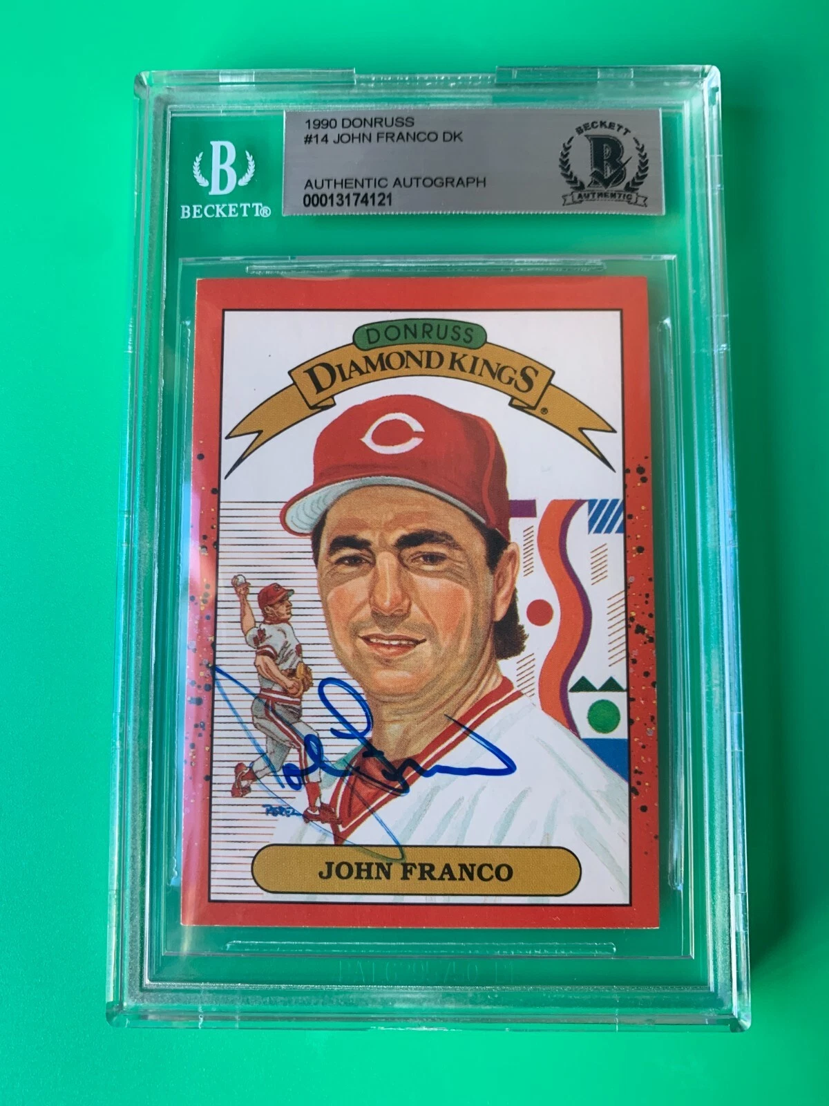 John Franco Reds 1990 Donruss DK Diamond Kings Card Signed Auto Beckett BAS
