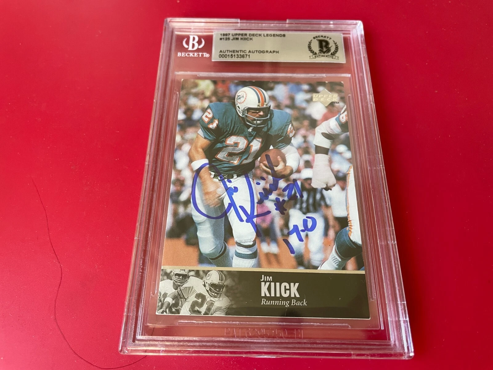 Jim Kiick Dolphins 1997 UD Legends Card Signed Auto Beckett BAS Slabbed
