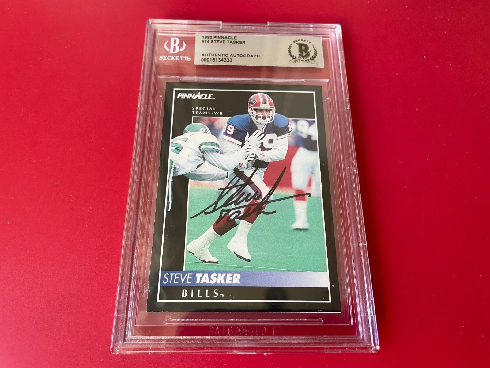 Steve Tasker Buffalo Bills 1992 Pinnacle Card Signed Auto Beckett BAS Slabbed
