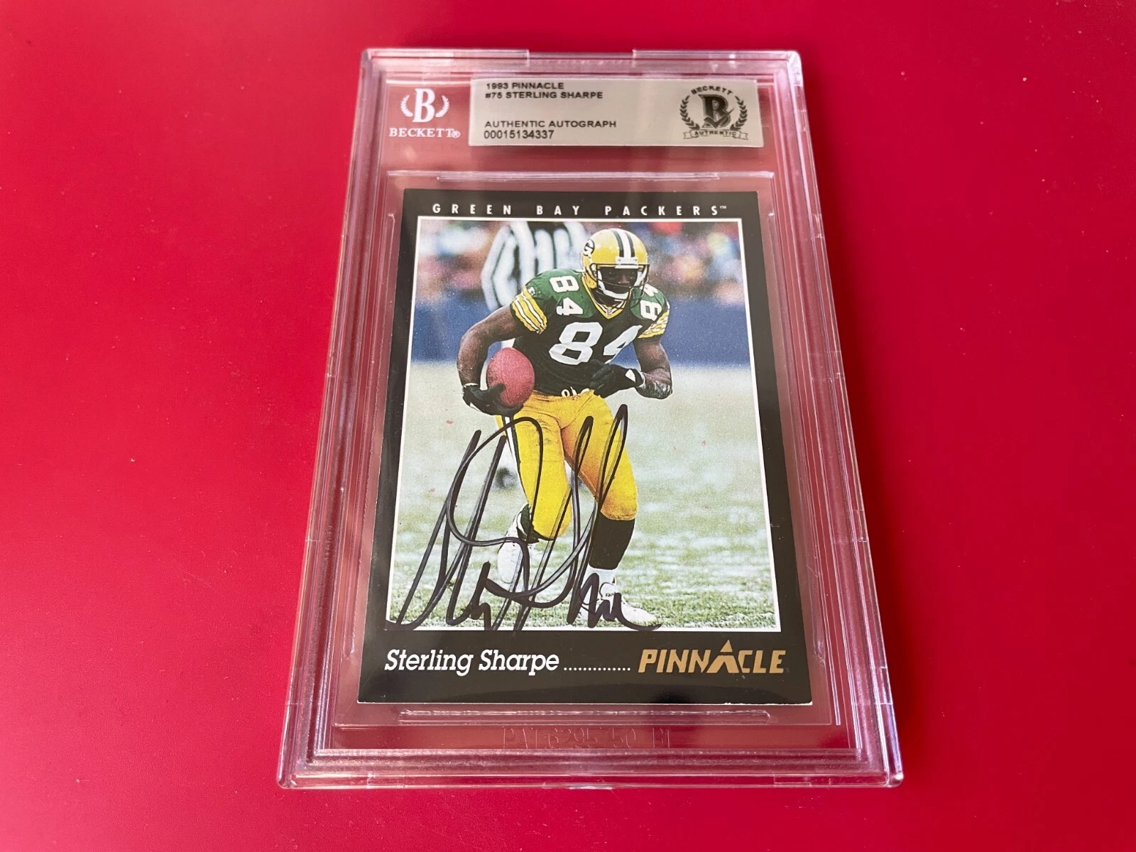 Sterling Sharpe Packers 1993 Pinnacle Card Signed Auto Beckett BAS Slabbed

