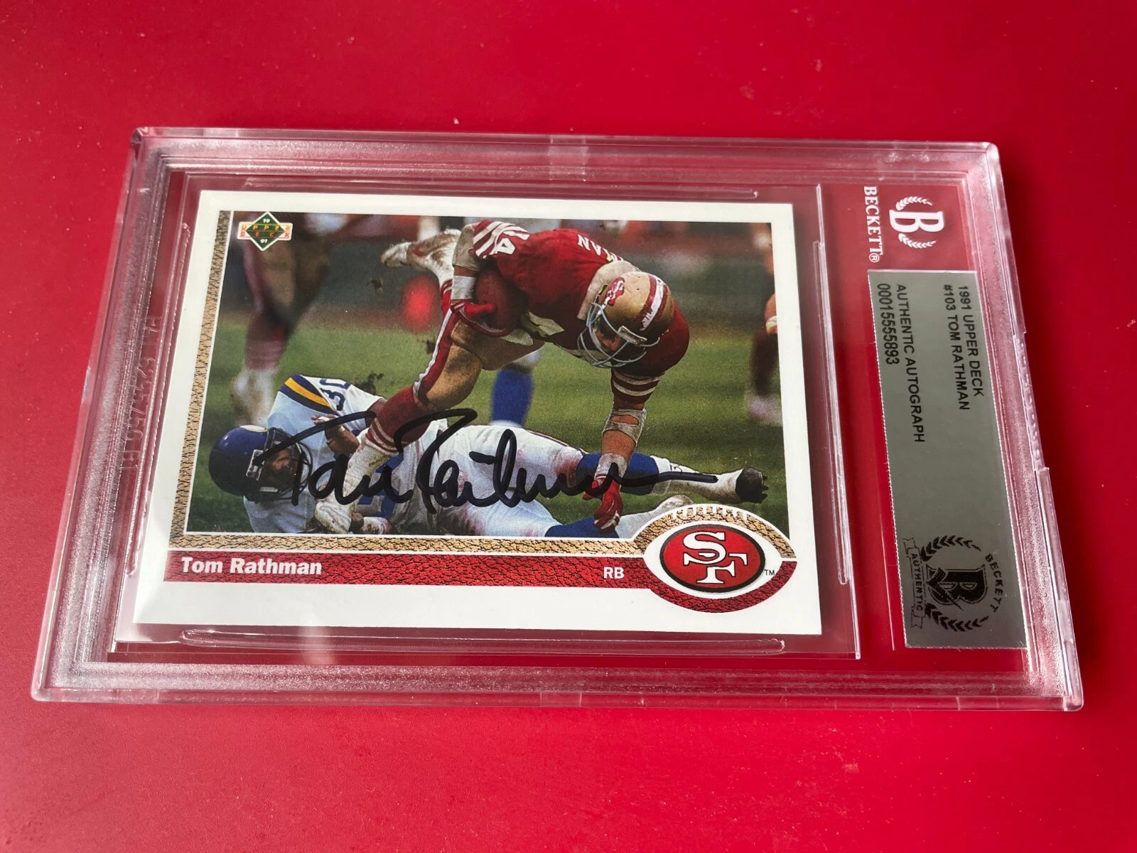 Tom Rathman 49ers 1991 Upper Deck Card Signed Auto Beckett BAS Slabbed
