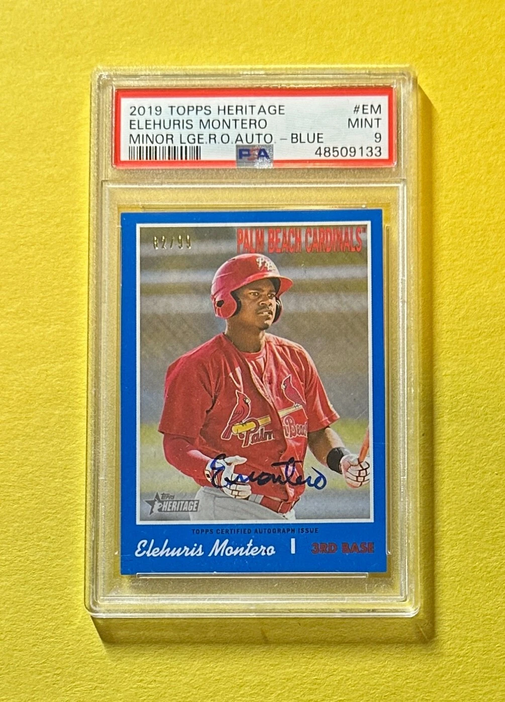 2019 TOPPS HERITAGE MINOR LEAGUE ELEHURIS MONTERO BLUE AUTO /99 #EM PSA MINT 9
