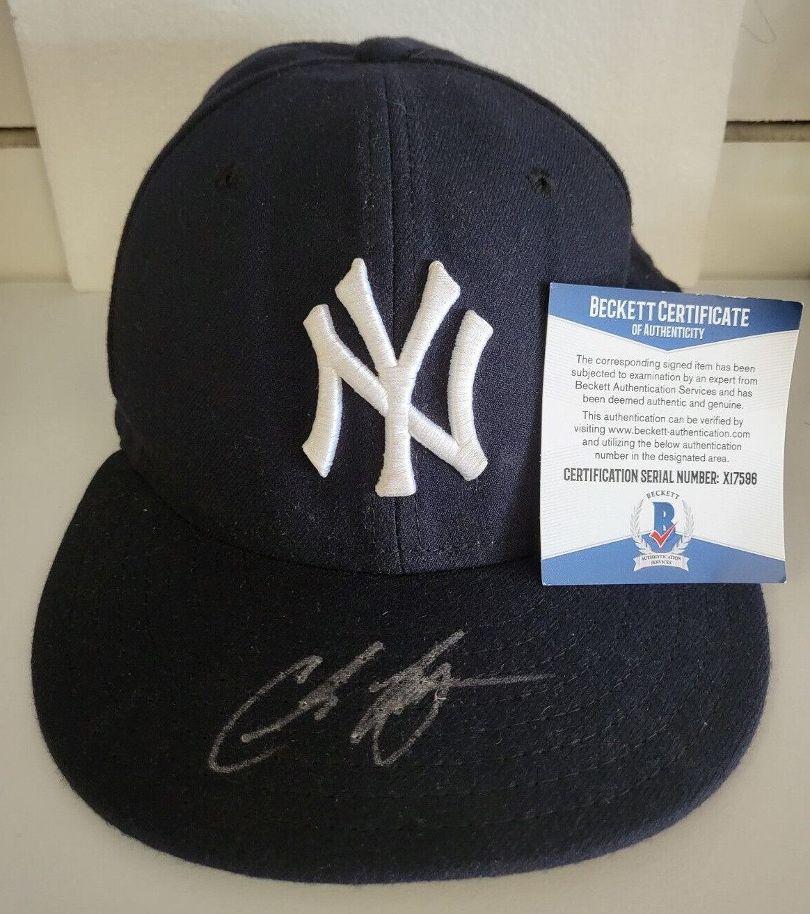 CHRIS BRITTON NEW YORK YANKEES SIGNED AUTOGRAPHED GAME USED HAT BECKETT COA
