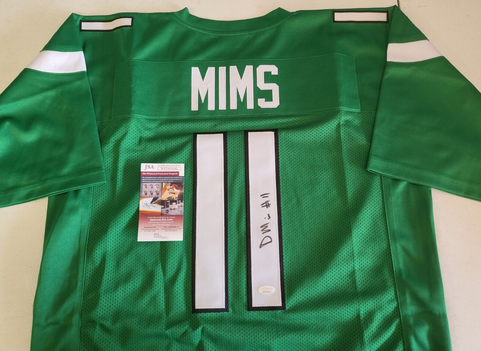 DENZEL MIMS #11 NEW YORK JETS SIGNED AUTOGRAPHED GREEN CUSTOM JERSEY XL JSA COA
