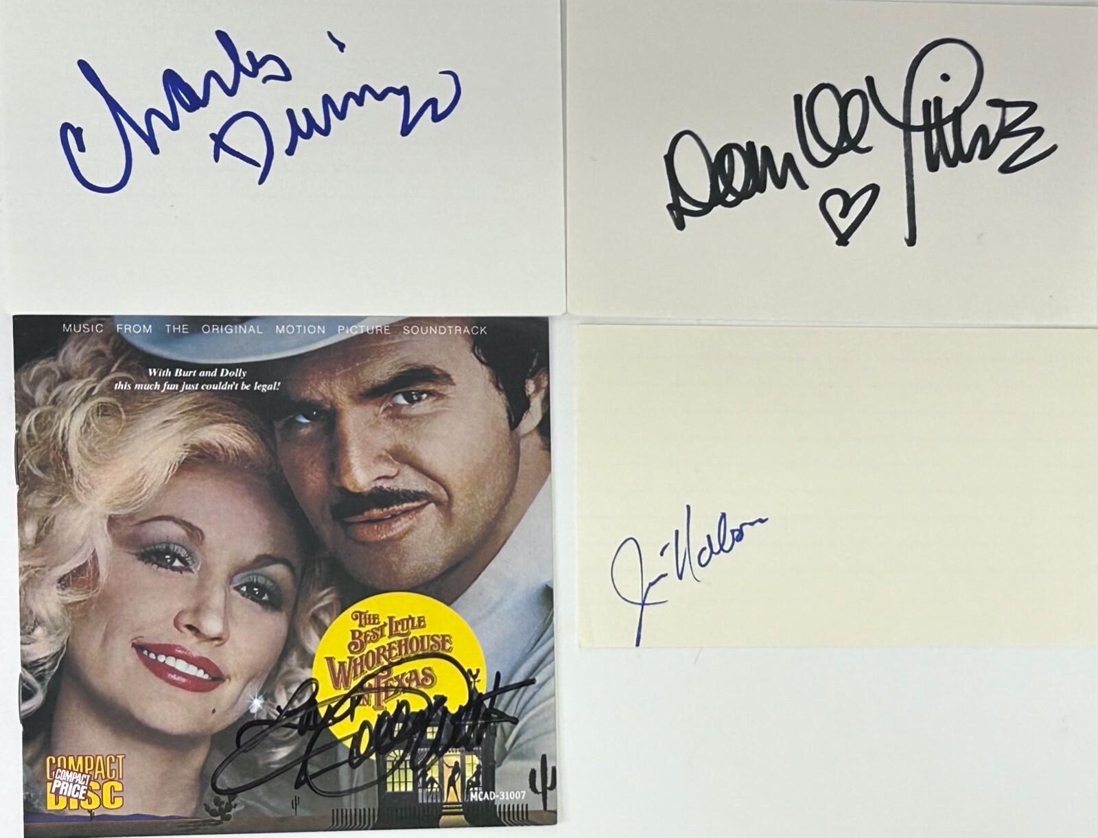 BURT REYNOLDS DOLLY PARTON +3 Signed Cards BEST LITTLE WHOREHOUSE IN TEXAS JSA
