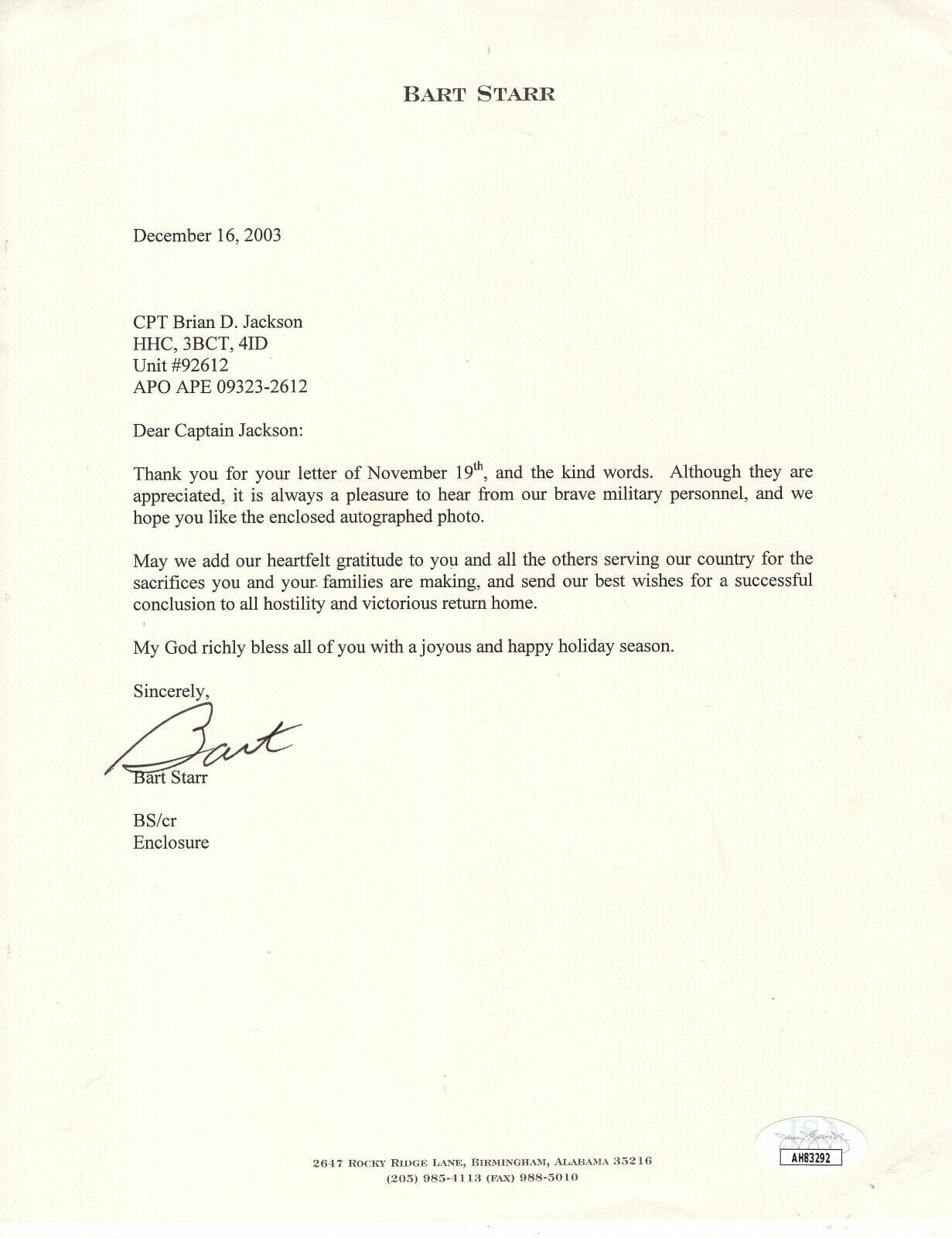 BART STARR HAND SIGNED LETTER ON LETTERHEAD GREAT CONTENT PACKERS JSA
Opens in a new window or tab