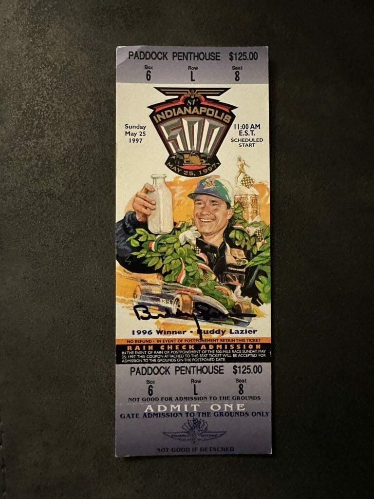 BUDDY LAZIER 1996 WINNER SIGNED INDIANAPOLIS INDY 500 TICKET 1997 RACE AUTO
 COLLECTIBLE MEMORABILIA