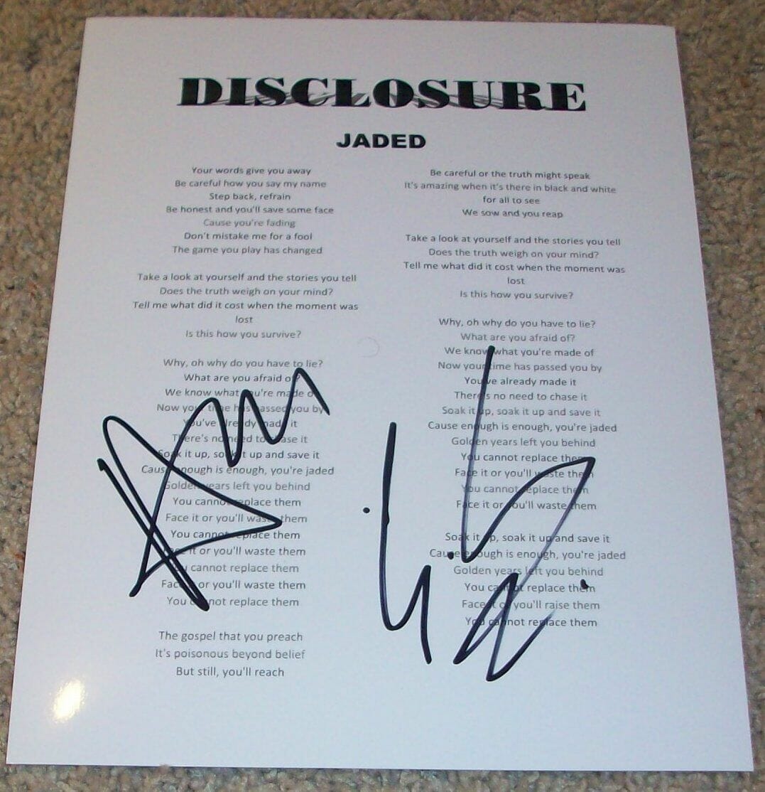 DISCLOSURE SIGNED AUTOGRAPH JADED LYRICS SHEET w/PROOF GUY & HOWARD LAWRENCE
