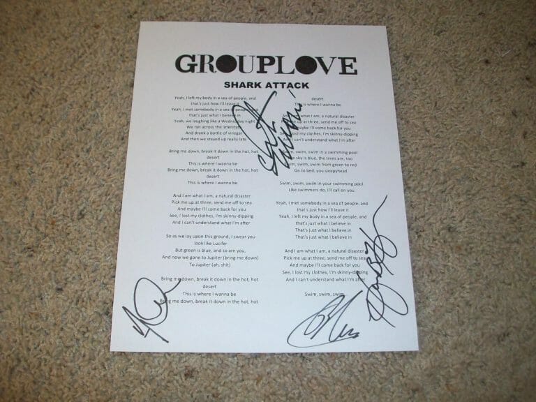 GROUPLOVE BAND SIGNED AUTOGRAPH SHARK ATTACK LYRIC SHEET W/PROOF LYRICS
 COLLECTIBLE MEMORABILIA