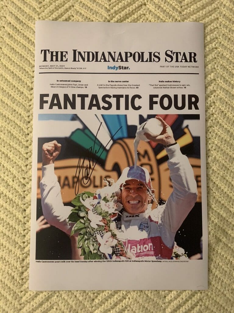 HELIO CASTRONEVES SIGNED 11 X 17 POSTER 2021 INDIANAPOLIS 500 NEWSPAPER PRINT 4X
 COLLECTIBLE MEMORABILIA