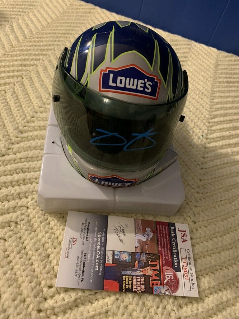 JIMMIE JOHNSON NASCAR SIGNED MINI HELMET AUTO 1/2 SCALE JSA AUTHENTICATION COA
 COLLECTIBLE MEMORABILIA