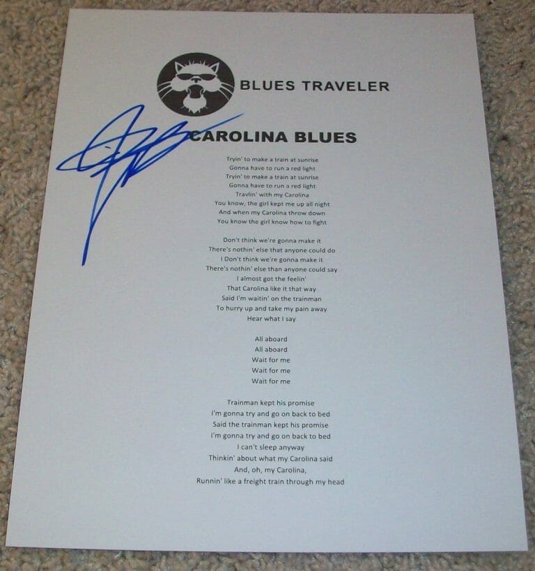 JOHN POPPER BLUES TRAVELER SIGNED CAROLINA BLUES LYRIC SHEET W/EXACT VIDEO PROOF
 COLLECTIBLE MEMORABILIA