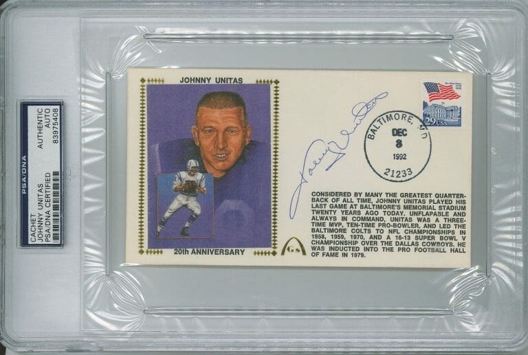 JOHNNY UNITAS SIGNED GATEWAY CACHET PSA DNA 83975408
 COLLECTIBLE MEMORABILIA