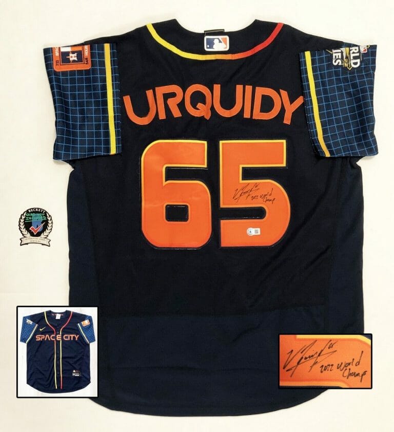 JOSE URQUIDY SIGNED JERSEY HOUSTON ASTROS 2022 WS CHAMP BECKETT BAS COA
 COLLECTIBLE MEMORABILIA
