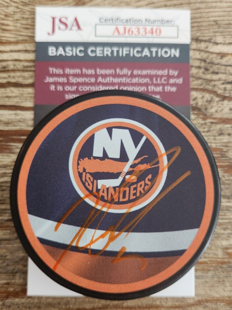 KYLE PALMIERI SIGNED REVERSE RETRO PUCK W/ JSA COA #AJ63340 NEW YORK ISLANDERS
 COLLECTIBLE MEMORABILIA