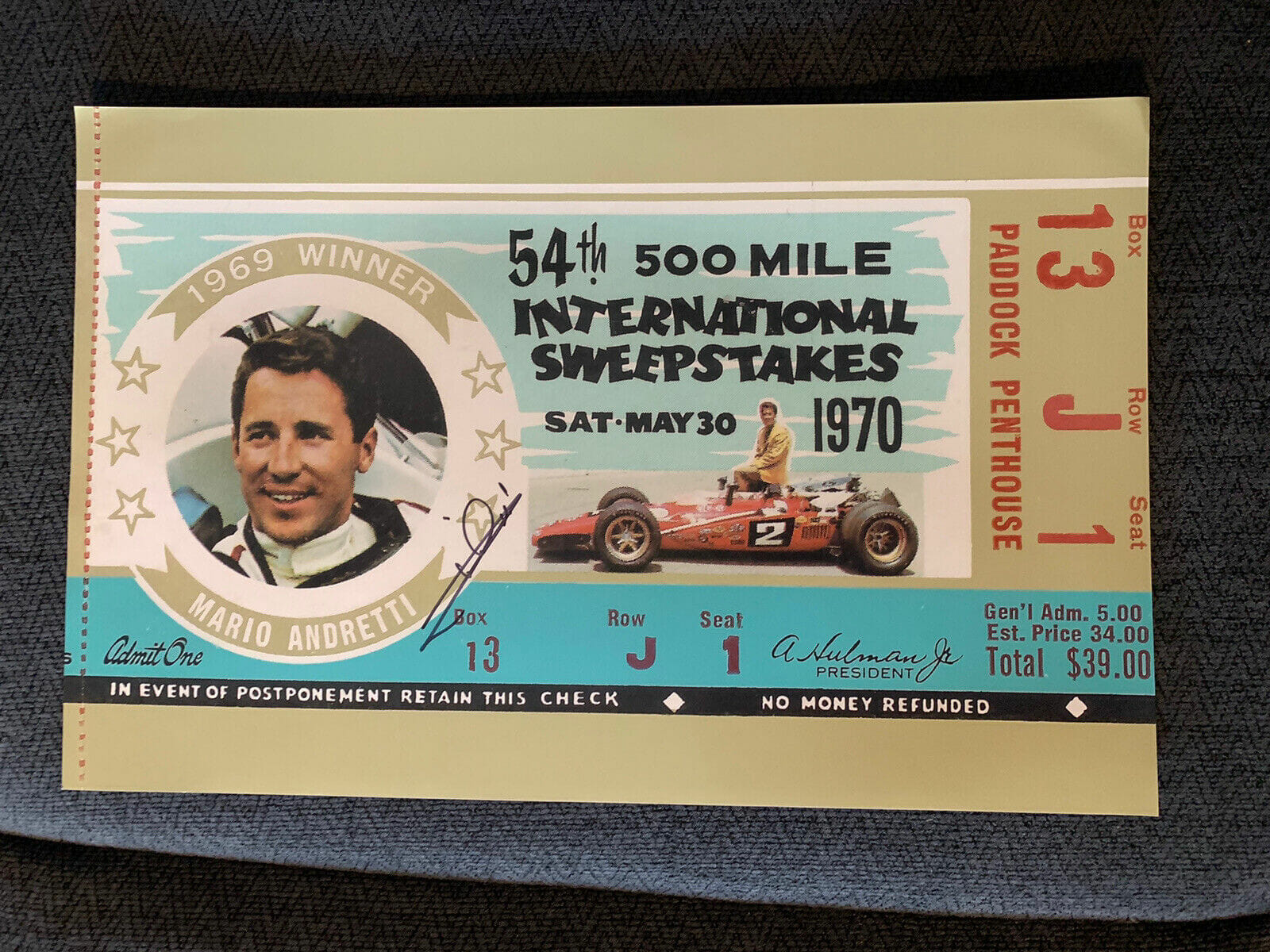 Mario Andretti Signed 11 X 17 Poster 1969 Indianapolis 500 Ticket Stub 1970
Opens in a new window or tab