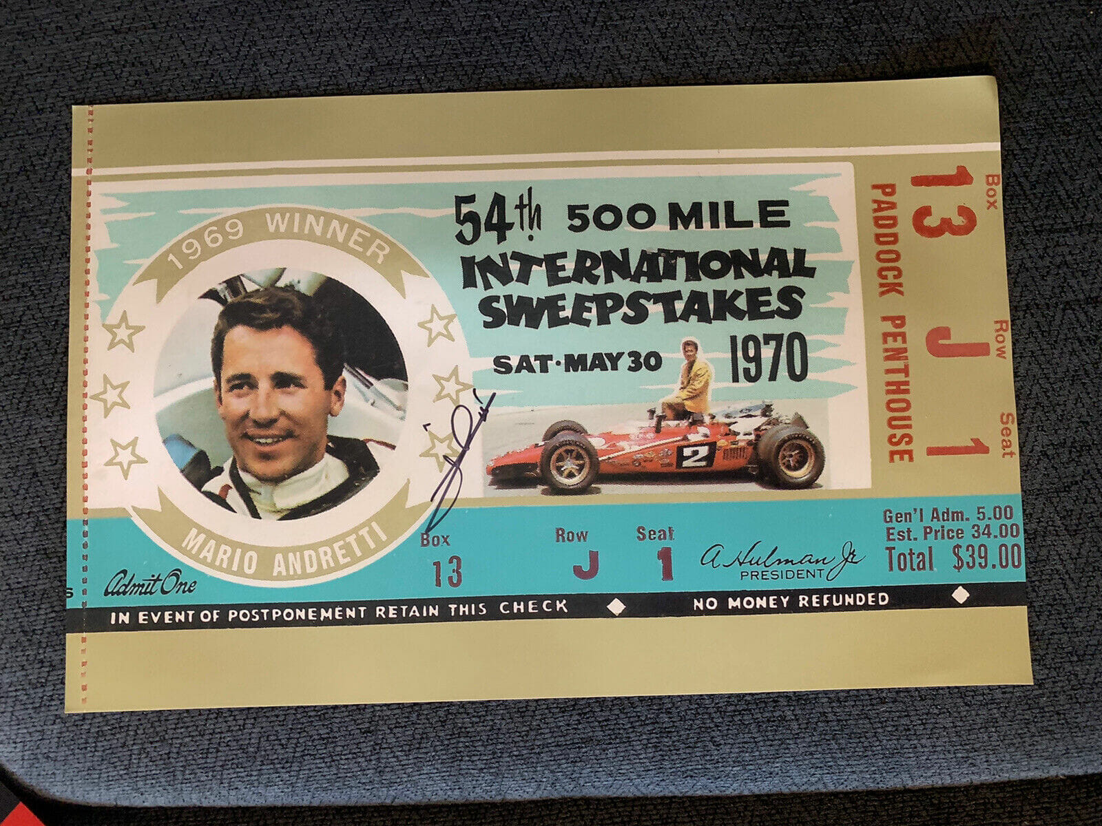 Mario Andretti Signed 11 X 17 Poster 1969 Indianapolis 500 Ticket Stub 1970
Opens in a new window or tab