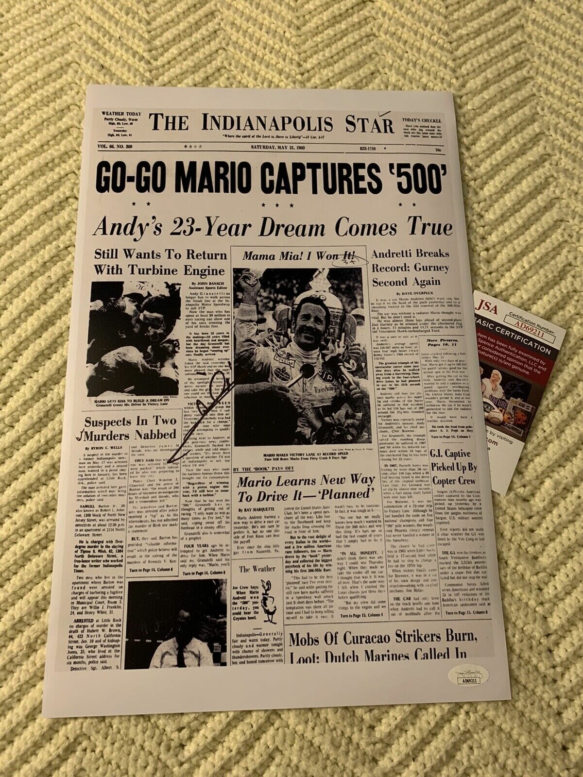 Mario Andretti Signed Indy Star Newspaper Poster 11 X 17 JSA Authenticated COA
Opens in a new window or tab
