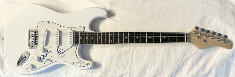 ORIANTHI & RICHIE SAMBORA DUAL SIGNED FULL SIZE STRAT WHITE GUITAR PSA/DNA
 COLLECTIBLE MEMORABILIA