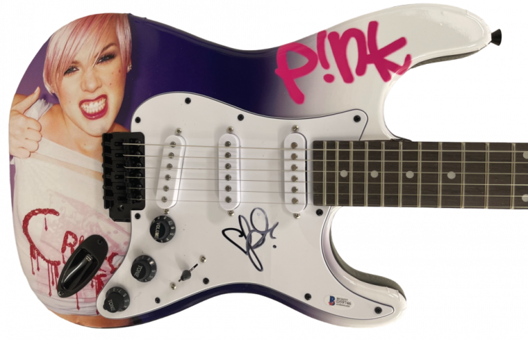 PINK SIGNED FULL SIZE CUSTOM ELECTRIC GUITAR AUTHENTIC AUTOGRAPH BECKETT COA
 COLLECTIBLE MEMORABILIA