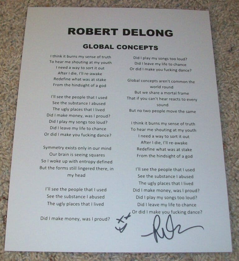 ROBERT DELONG SIGNED AUTOGRAPH GLOBAL CONCEPTS LYRIC SHEET W/EXACT PROOF
 COLLECTIBLE MEMORABILIA