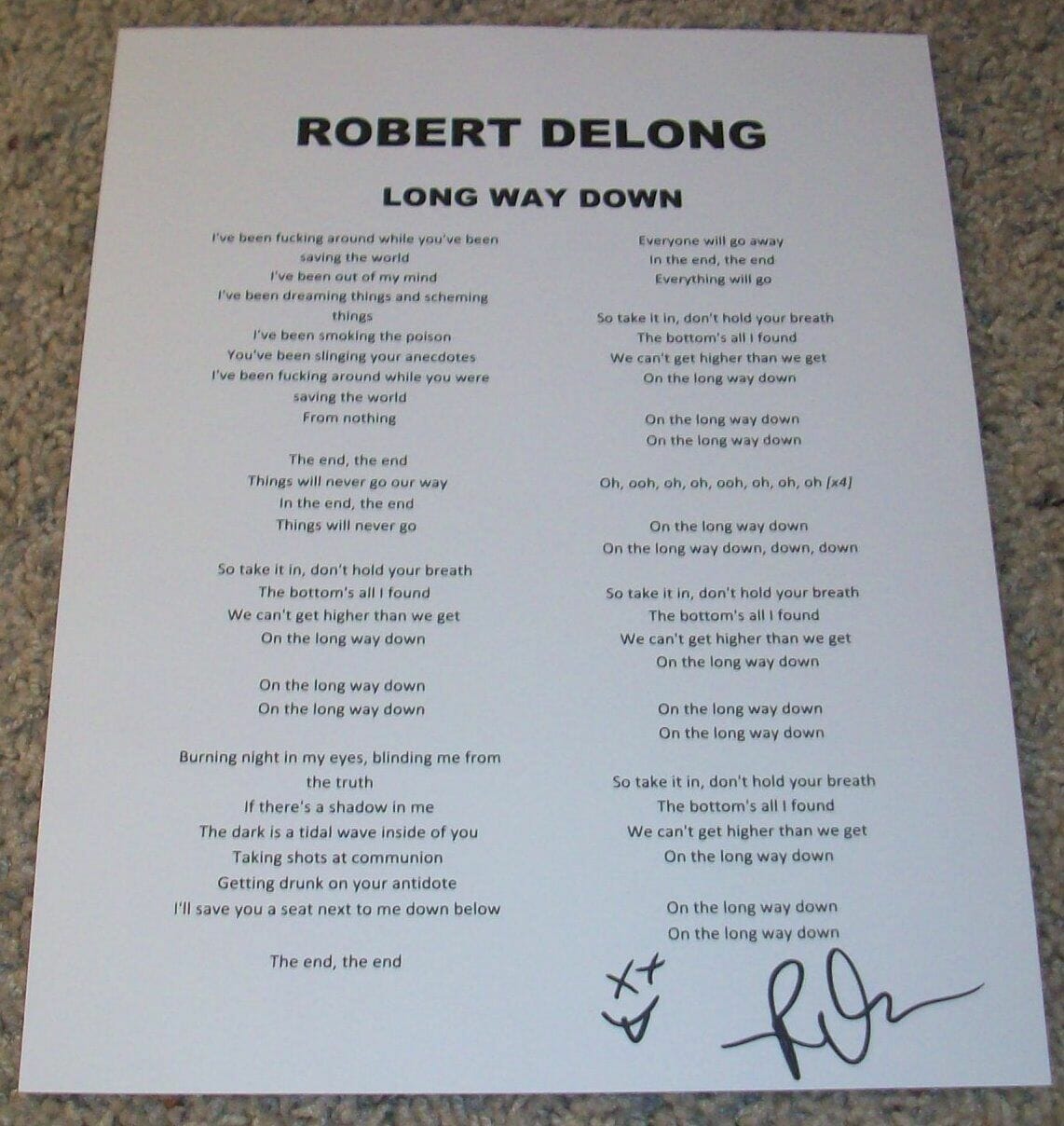 ROBERT DELONG SIGNED AUTOGRAPH LONG WAY DOWN LYRIC SHEET w/EXACT PROOF
