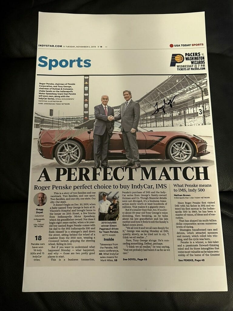 ROGER PENSKE TONY GEORGE SIGNED 11 X 17 POSTER 2019 INDY 500 NEWSPAPER PRINT
 COLLECTIBLE MEMORABILIA