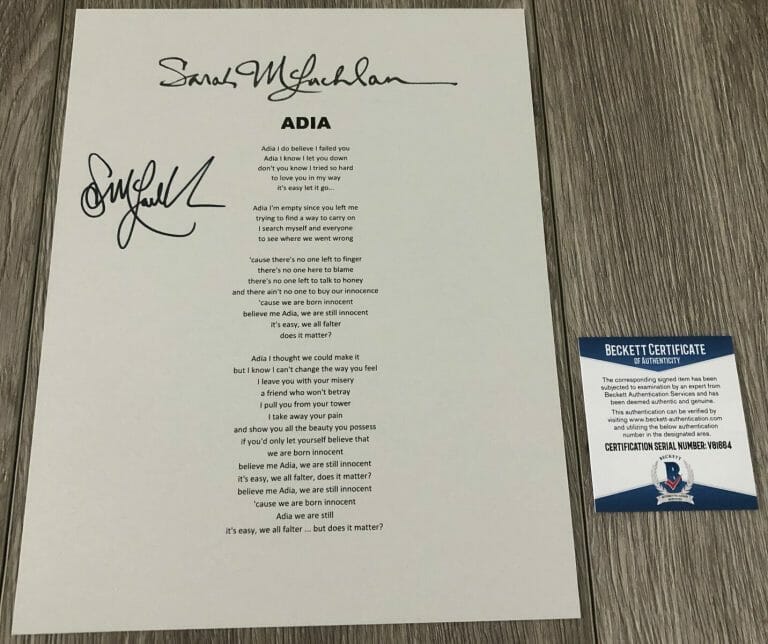 SARAH MCLACHLAN SIGNED AUTOGRAPH ADIA LYRIC SHEET W/EXACT PROOF BECKETT BAS COA
 COLLECTIBLE MEMORABILIA