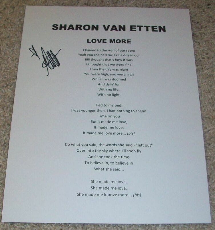 SHARON VAN ETTEN SIGNED AUTOGRAPH LOVE MORE 8.5″X11″ LYRIC SHEET LYRICS
 COLLECTIBLE MEMORABILIA