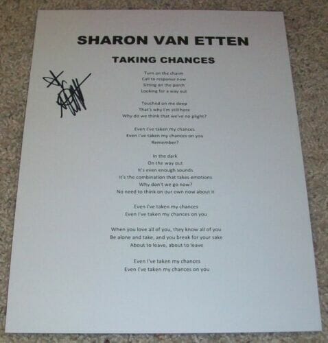 SHARON VAN ETTEN SIGNED AUTOGRAPH TAKING CHANCES 8.5″X11″ LYRIC SHEET LYRICS
 COLLECTIBLE MEMORABILIA