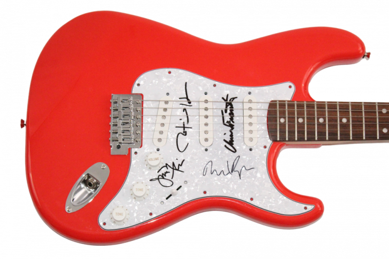 TALKING HEADS FULL BAND SIGNED AUTOGRAPH RED FENDER GUITAR – DAVID BYRNE +3 JSA
 COLLECTIBLE MEMORABILIA